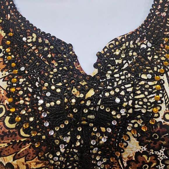 Simply Emma Blouse Grunge Whimsigoth Retro Floral Beaded Brown Green 1X - Picture 3 of 12